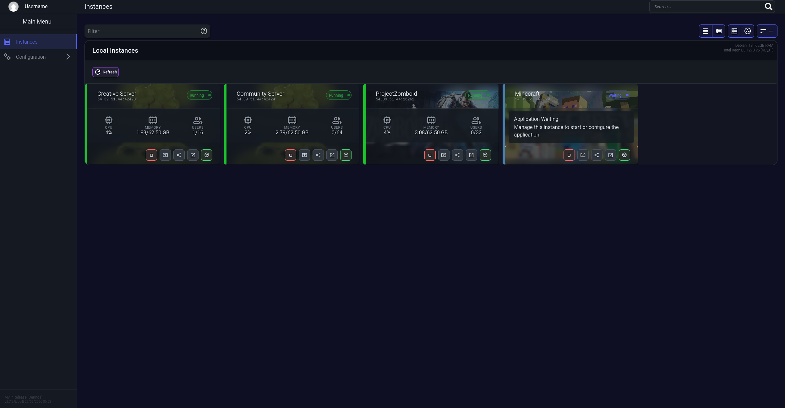 Dashboard instances overview showing multiple game servers